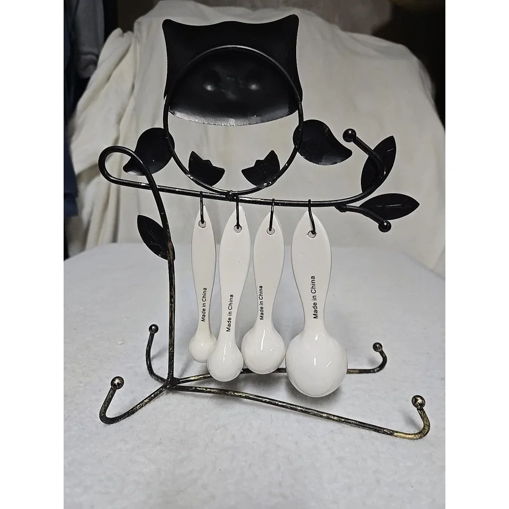 Ceramic Owl Measuring Spoons Set with Metal Branch Display Stand 5 Piece Set